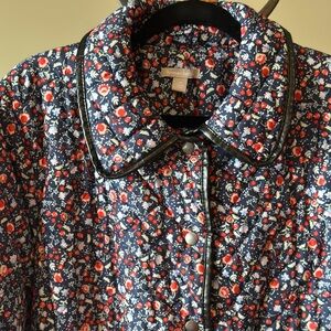 Woman Within Navy Floral Quilted Barn Jacket with Black Faux Leather Trim